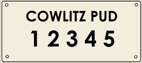 Pole identificatino plate reading 'Cowlitz PUD 1 2 3 4 5'